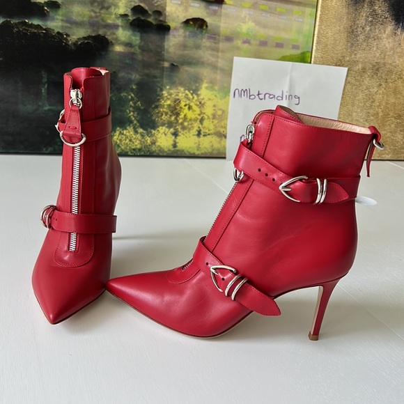 Gianvito Rossi red leather pointed toe stilettos heel ankle hi boots size 6.5M - Picture 9 of 13